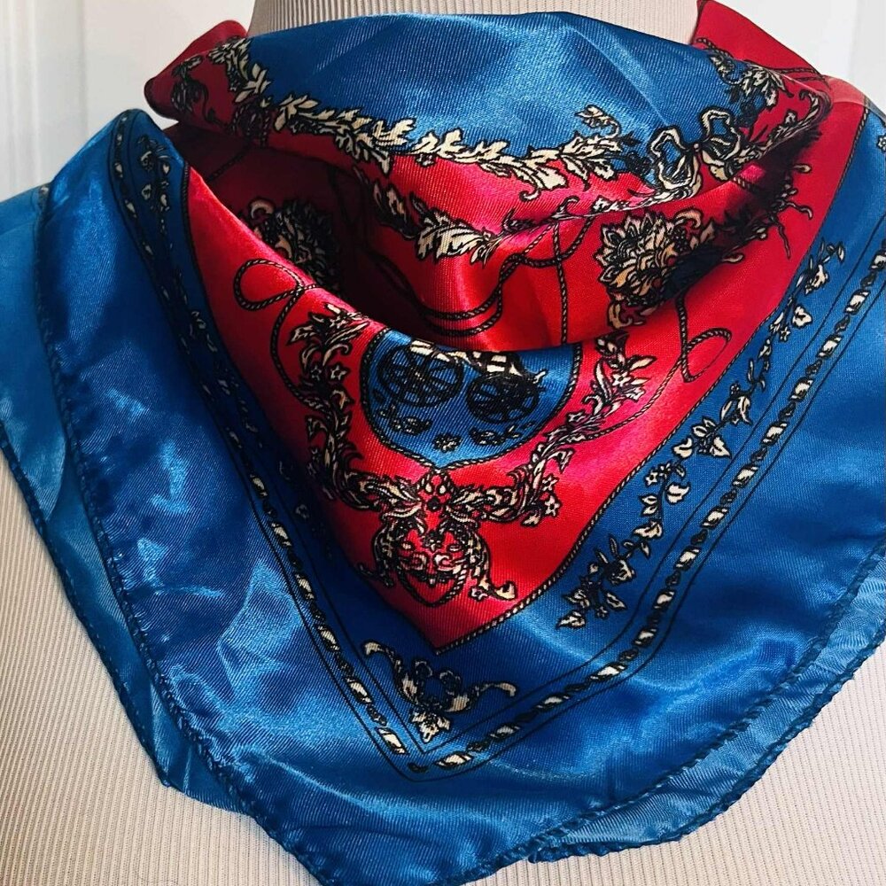 Vintage Baroque-Style Scarf — Red & Royal Blue Silk-Blend Square (45×45 cm)